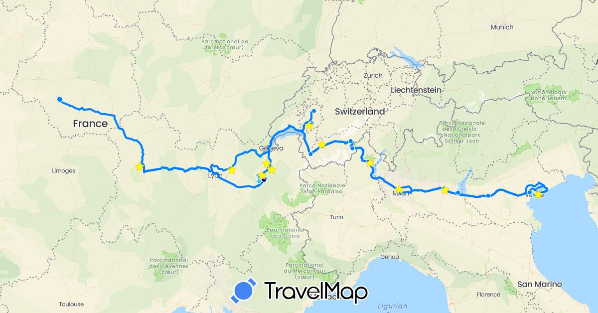 TravelMap itinerary: driving, boat, camping car in Switzerland, France, Italy (Europe)