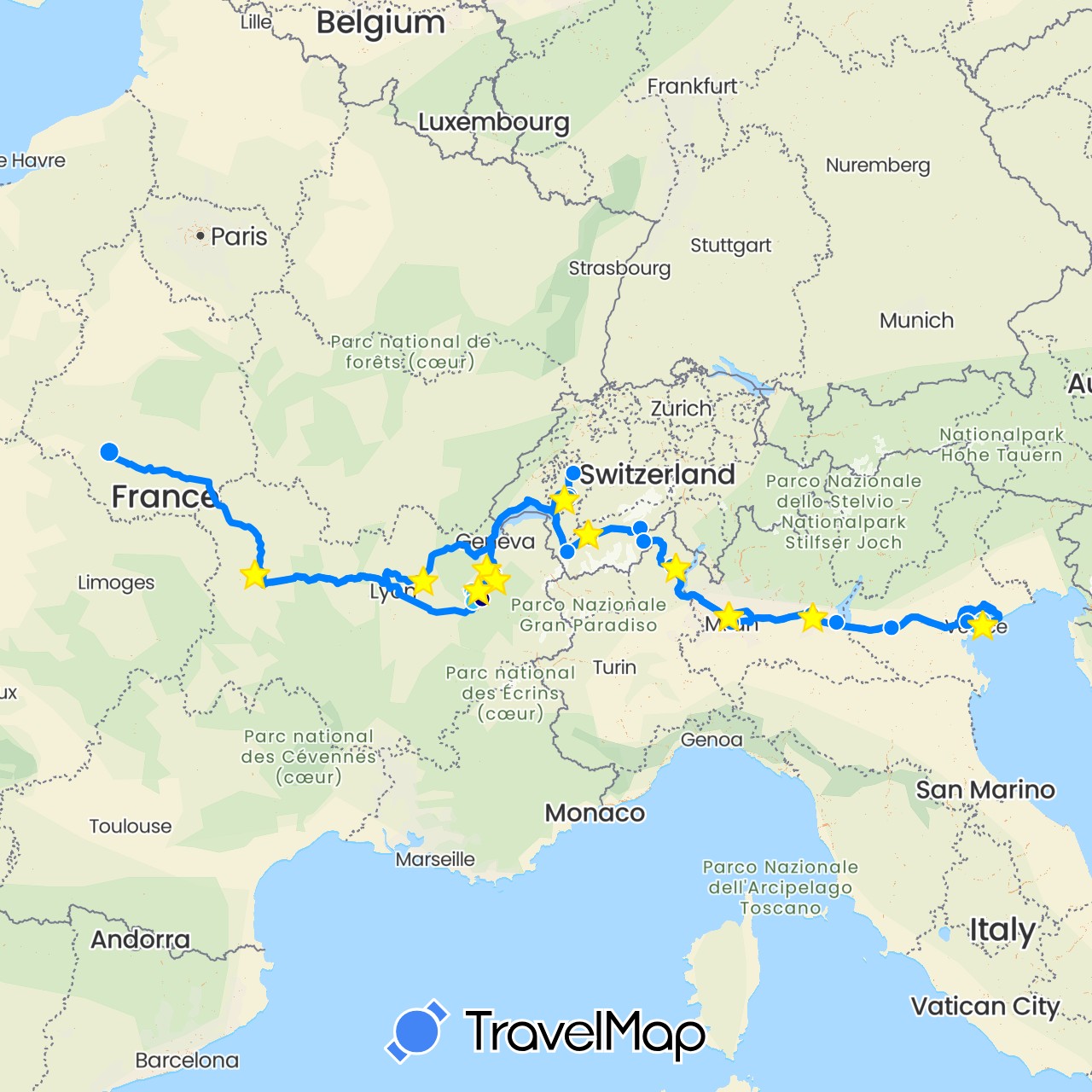 TravelMap itinerary: driving, boat, camping car in Switzerland, France, Italy (Europe)