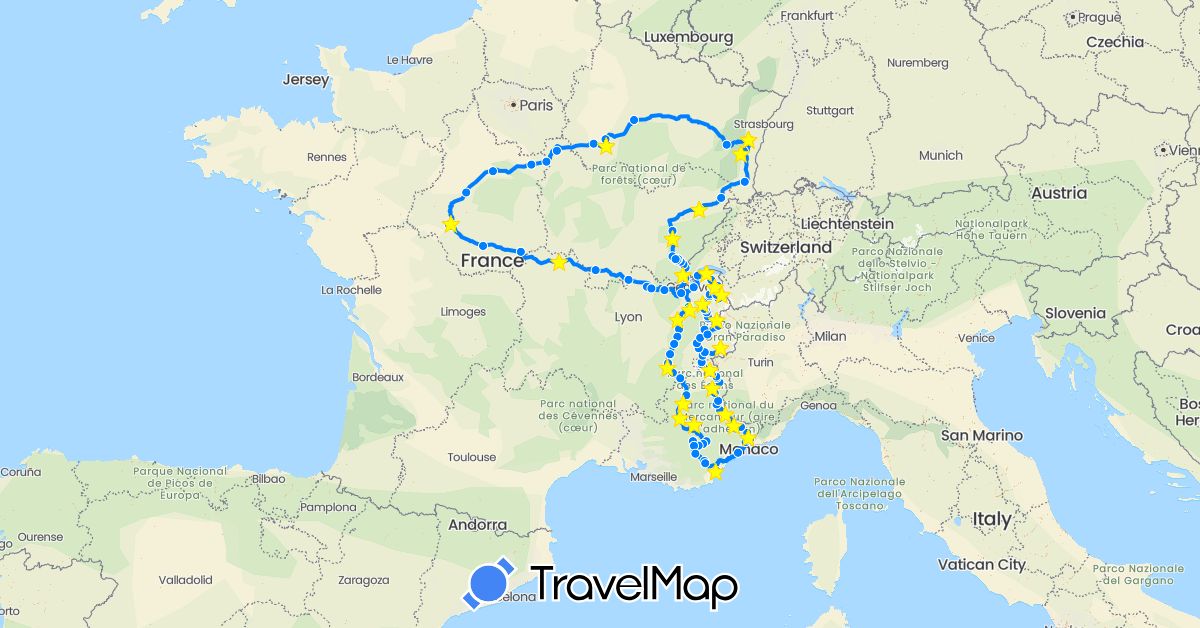 TravelMap itinerary: driving, bus, hiking, camping car in France (Europe)