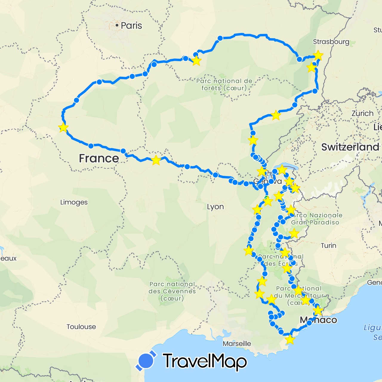 TravelMap itinerary: driving, bus, hiking, camping car in France (Europe)