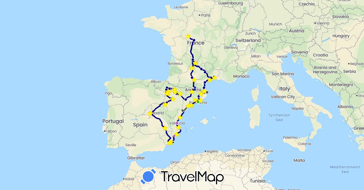 TravelMap itinerary: driving, bus, train, hiking, motorbike, bus in Andorra, Spain, France (Europe)