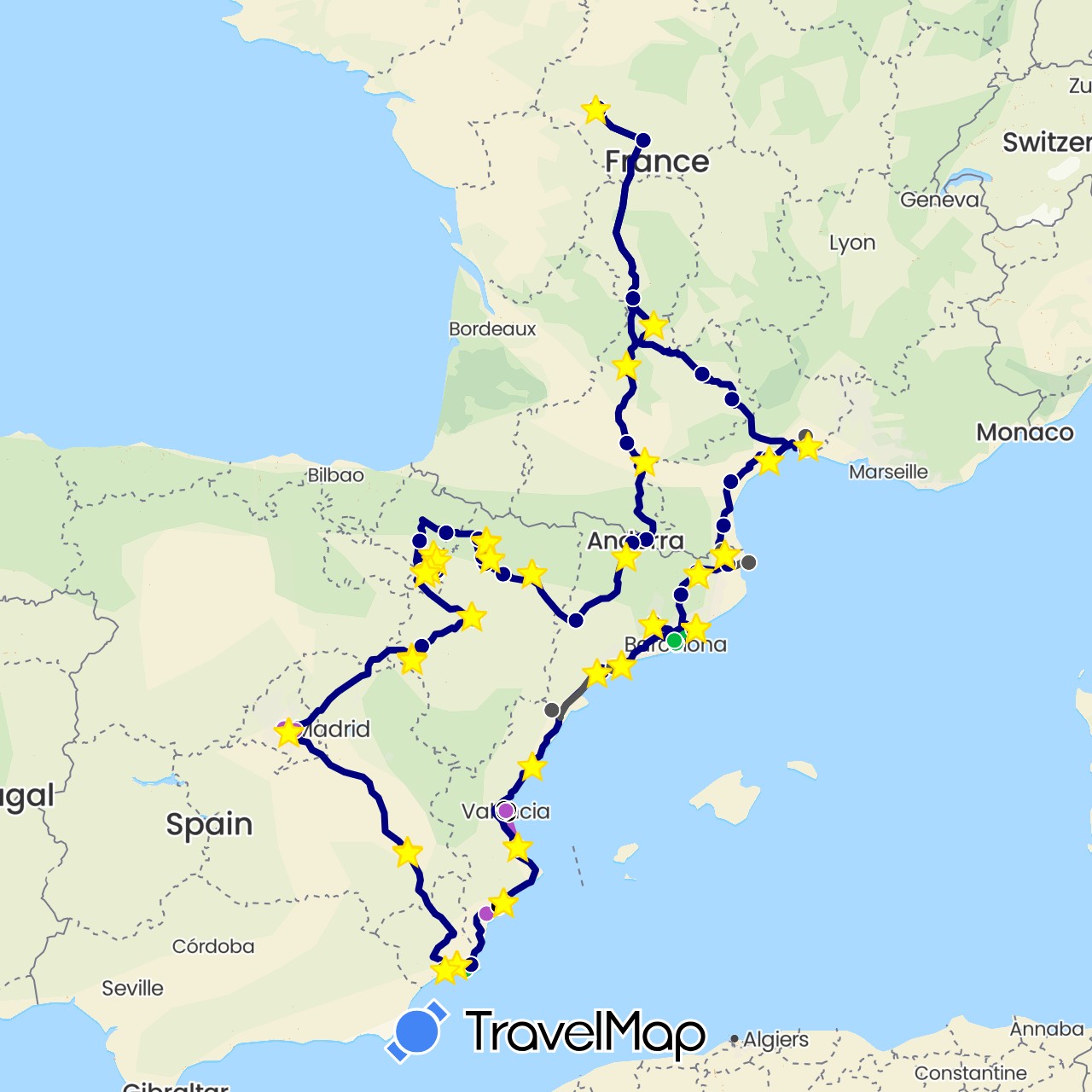 TravelMap itinerary: driving, bus, train, hiking, motorbike, bus in Andorra, Spain, France (Europe)