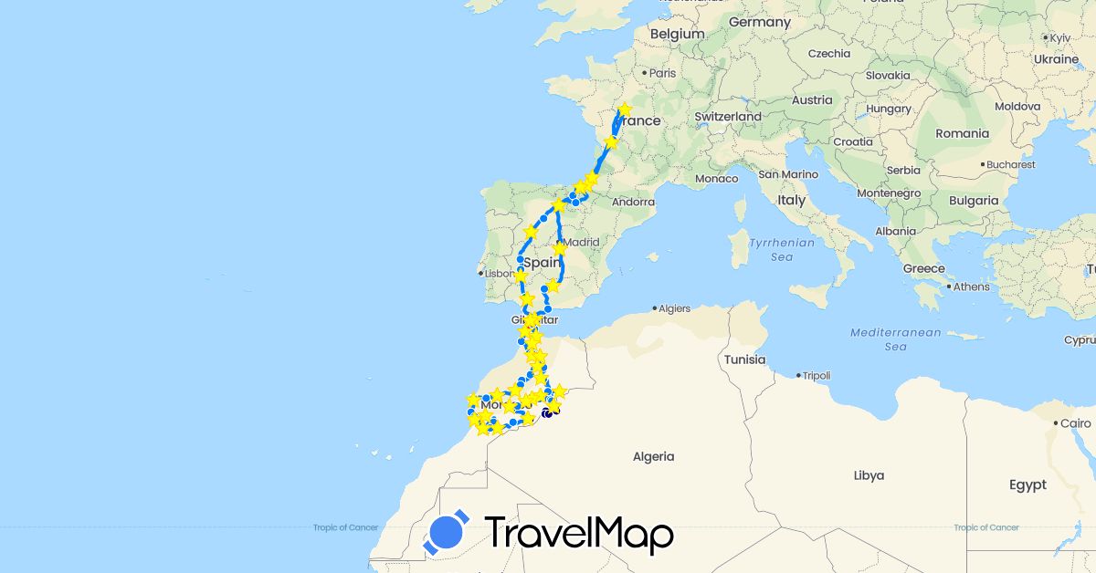 TravelMap itinerary: driving, bus, hiking, camping car, bateau in Spain, France, Gibraltar, Morocco (Africa, Europe)