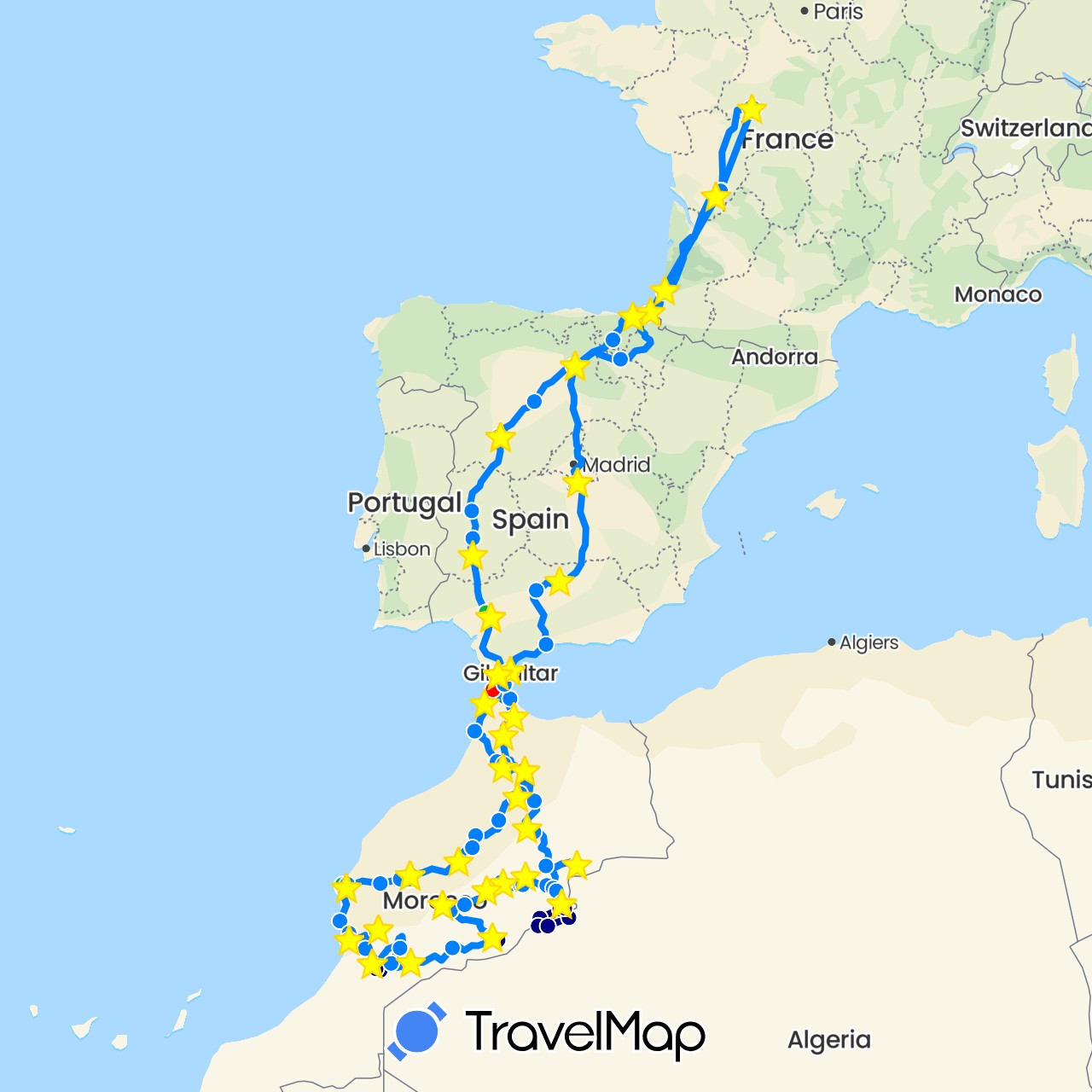 TravelMap itinerary: driving, bus, hiking, camping car, bateau in Spain, France, Gibraltar, Morocco (Africa, Europe)