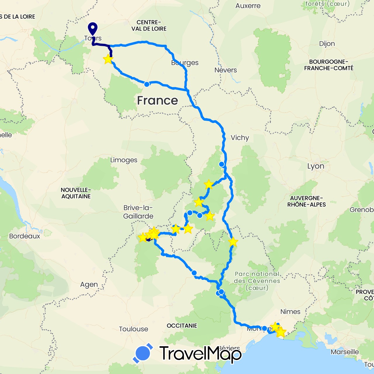 TravelMap itinerary: driving, hiking, camping car in France (Europe)