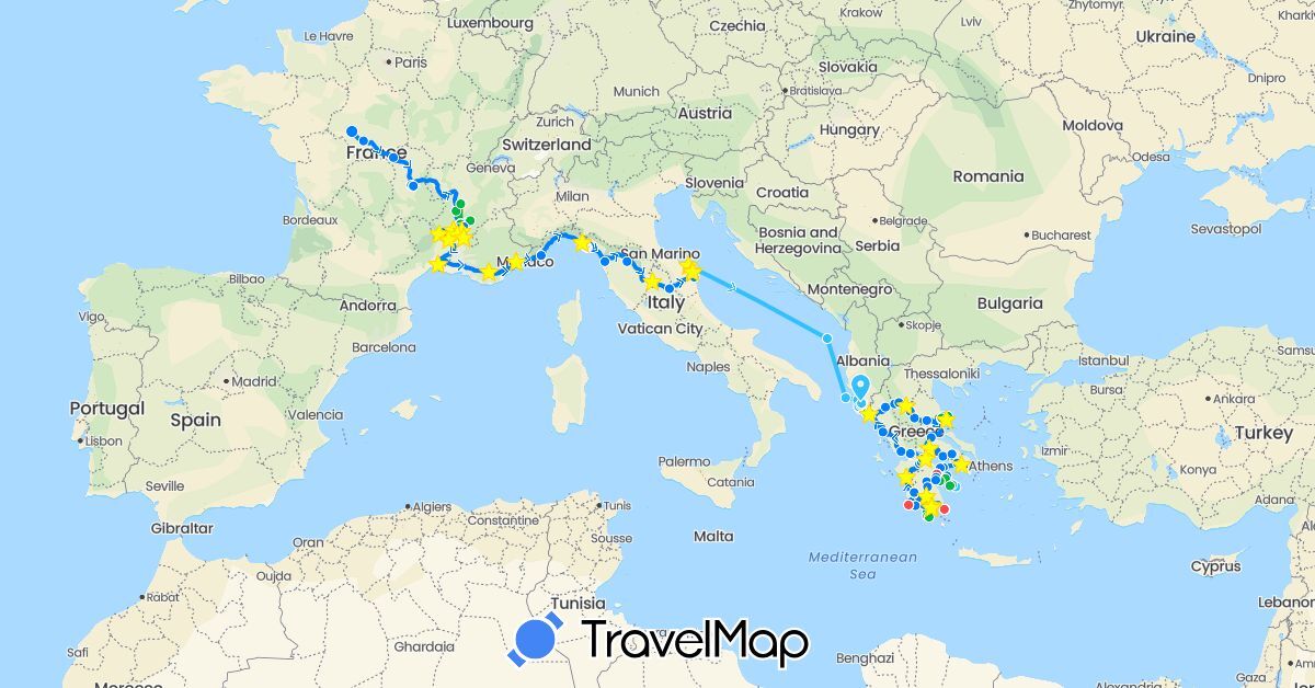 TravelMap itinerary: driving, bus, cycling, train, hiking, camping car in France, Italy (Europe)