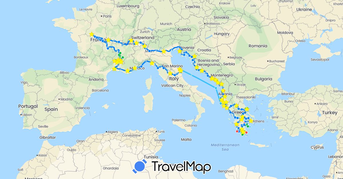 TravelMap itinerary: driving, bus, cycling, train, hiking, boat, camping car, taxi in Albania, Switzerland, France, Greece, Croatia, Italy, Montenegro, Slovenia (Europe)