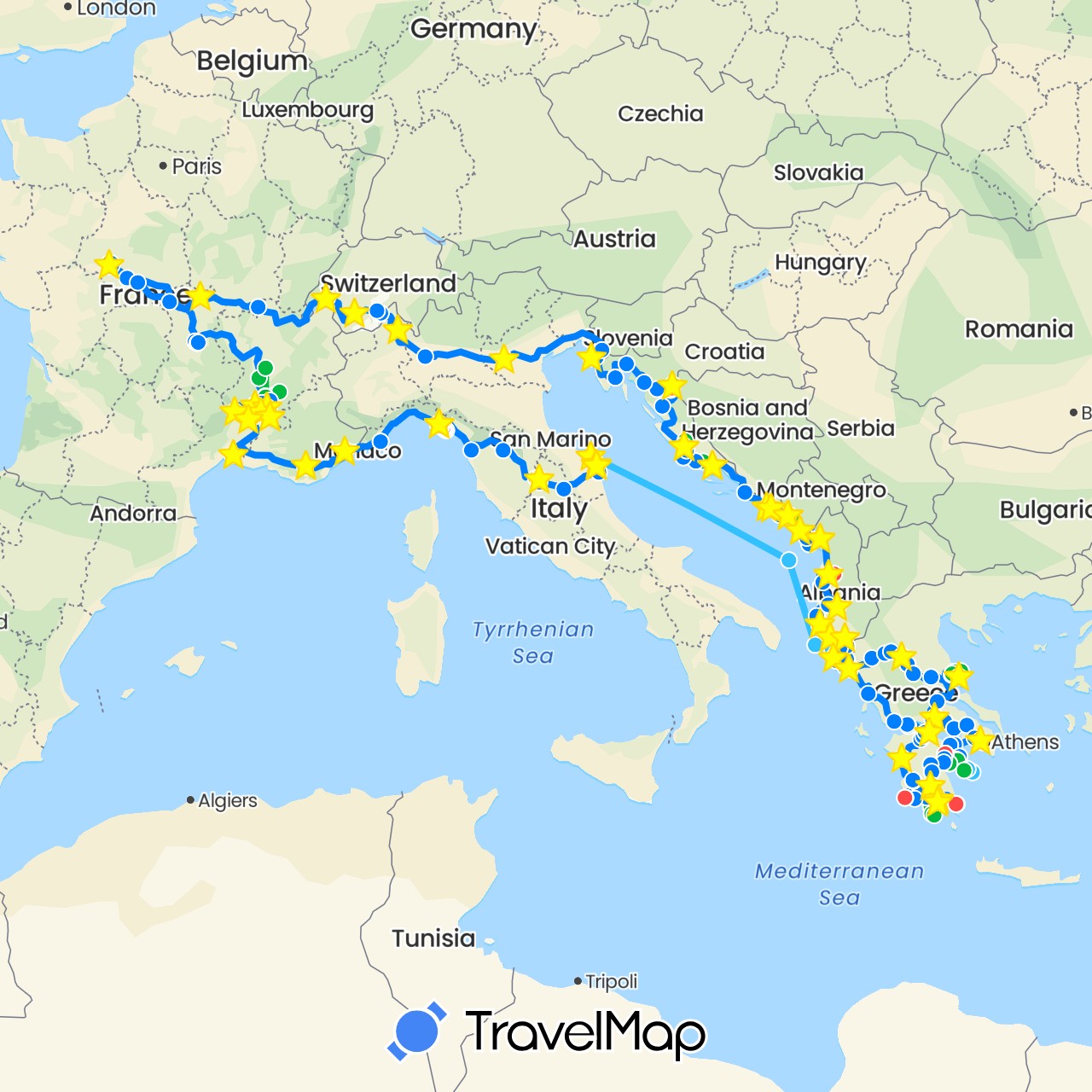 TravelMap itinerary: driving, bus, cycling, train, hiking, boat, camping car, taxi in Albania, Switzerland, France, Greece, Croatia, Italy, Montenegro, Slovenia (Europe)
