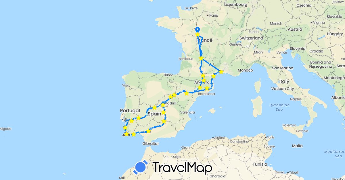 TravelMap itinerary: driving, hiking, boat, motorbike, camping car in Andorra, Spain, France, Portugal (Europe)