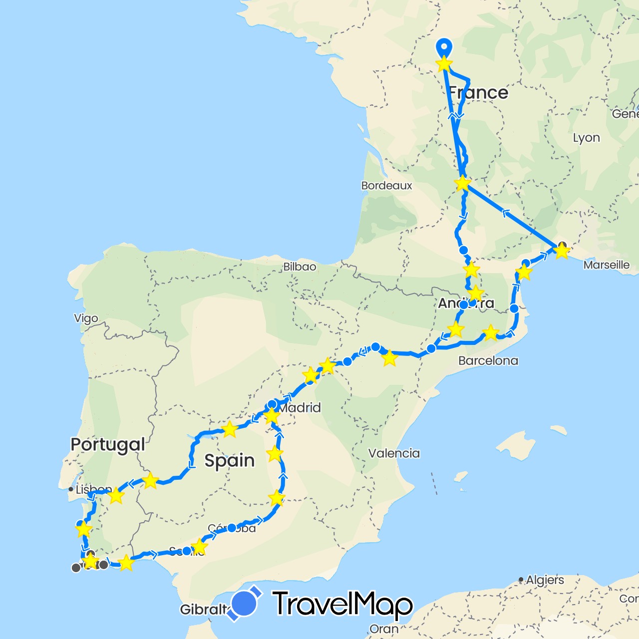 TravelMap itinerary: driving, hiking, boat, motorbike, camping car in Andorra, Spain, France, Portugal (Europe)