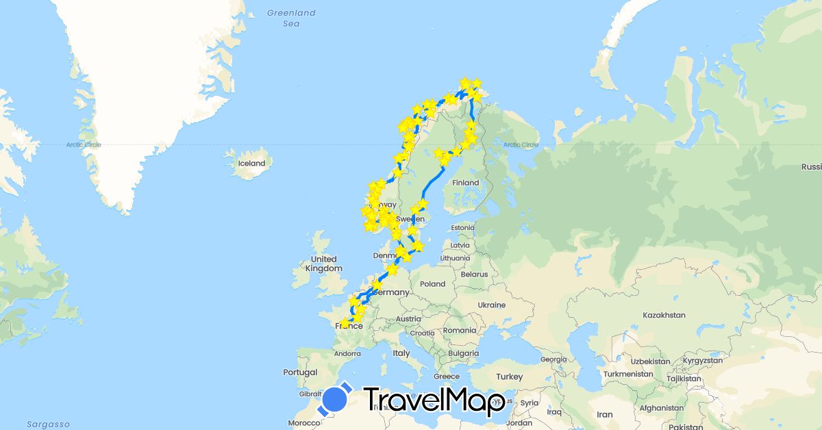 TravelMap itinerary: driving, hiking, boat, camping car, bus in Belgium, Germany, Denmark, Finland, France, Netherlands, Norway, Sweden (Europe)
