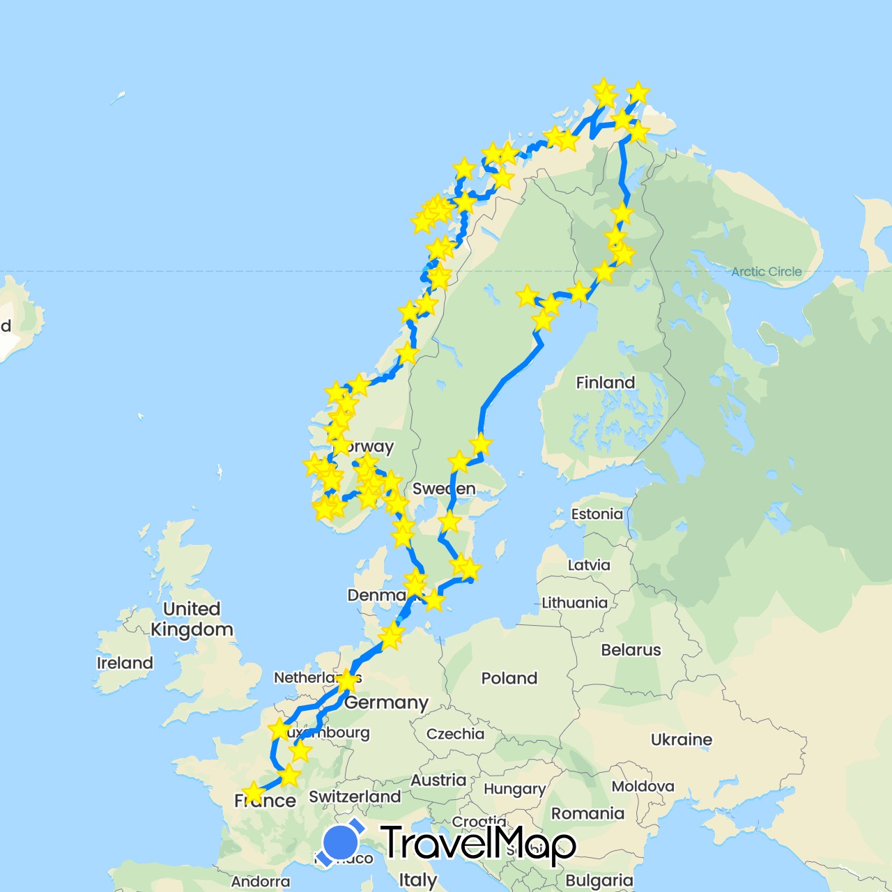 TravelMap itinerary: driving, hiking, boat, camping car, bus in Belgium, Germany, Denmark, Finland, France, Netherlands, Norway, Sweden (Europe)