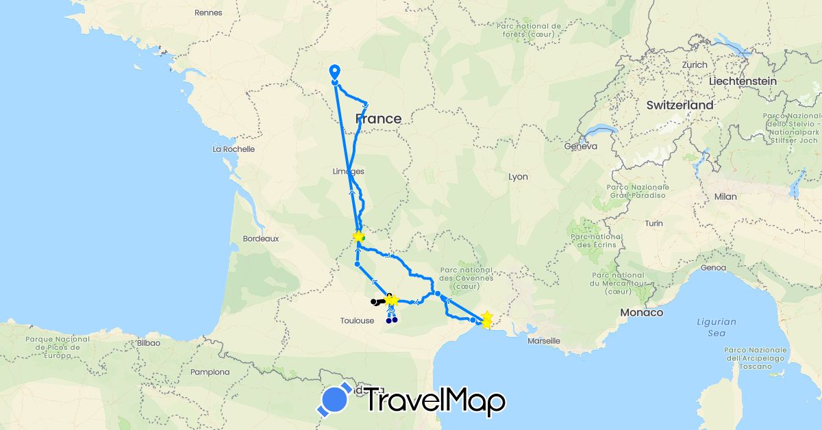 TravelMap itinerary: driving, bus, hiking, camping car, bus in France (Europe)