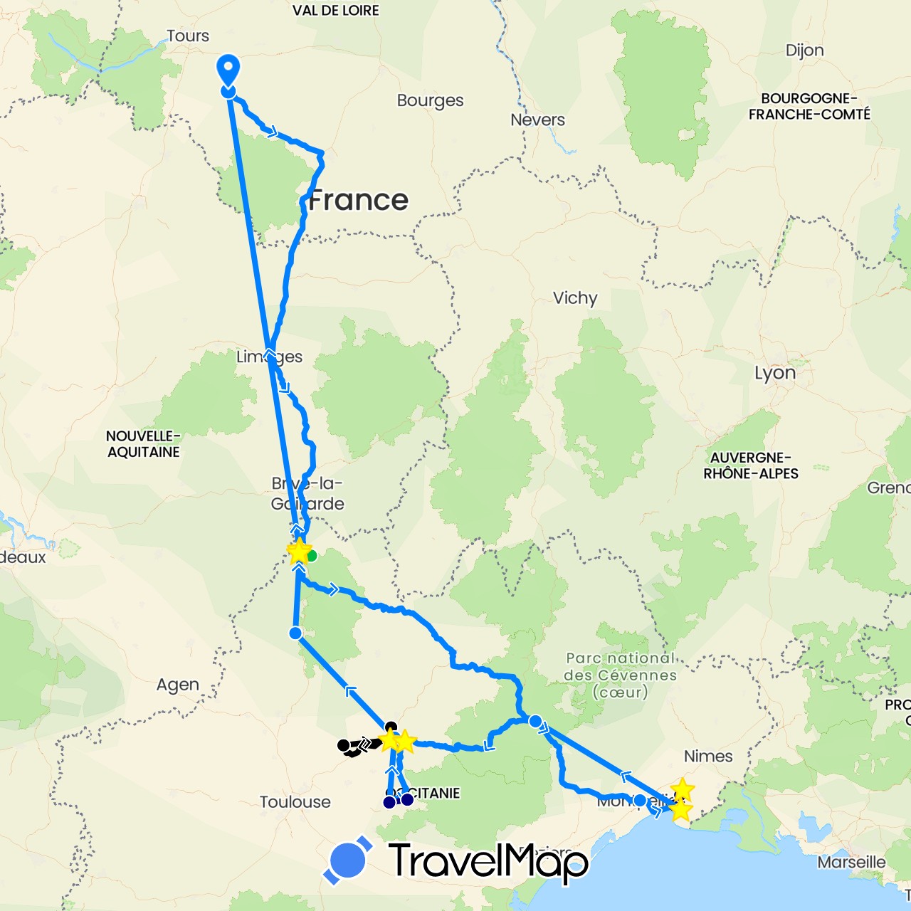 TravelMap itinerary: driving, bus, hiking, camping car, bus in France (Europe)