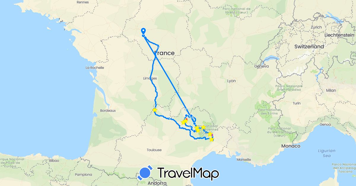 TravelMap itinerary: driving, bus, train, hiking, camping car in France (Europe)
