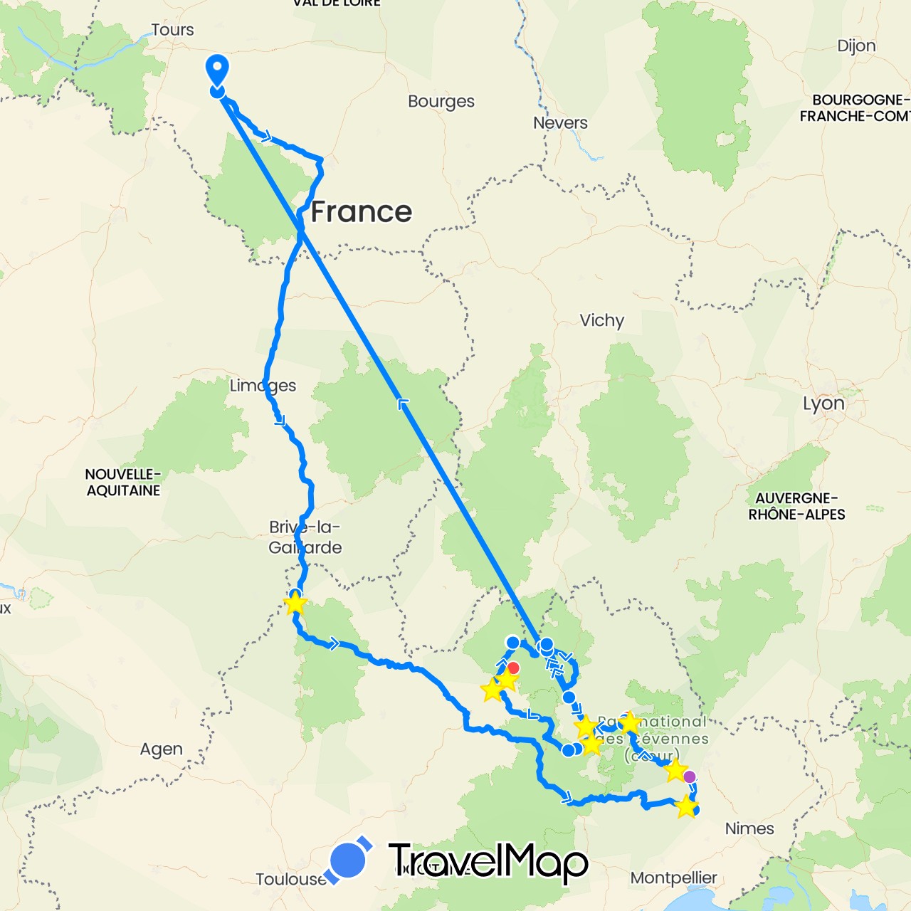 TravelMap itinerary: driving, bus, train, hiking, camping car in France (Europe)