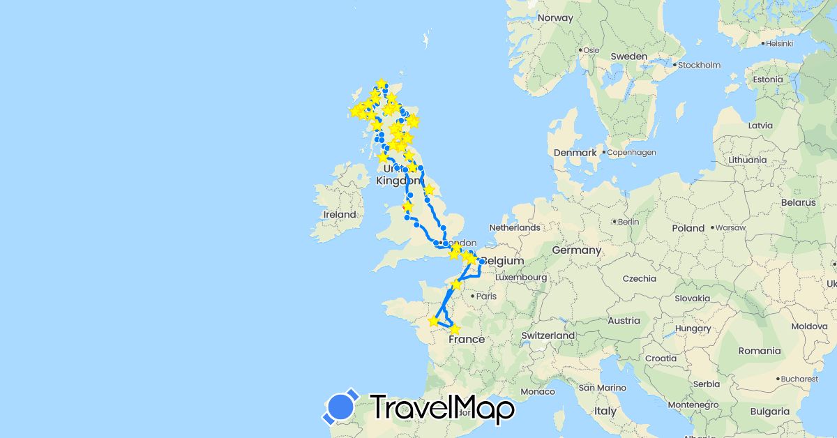 TravelMap itinerary: driving, bus, cycling, train, hiking, boat, camping car in France, United Kingdom (Europe)