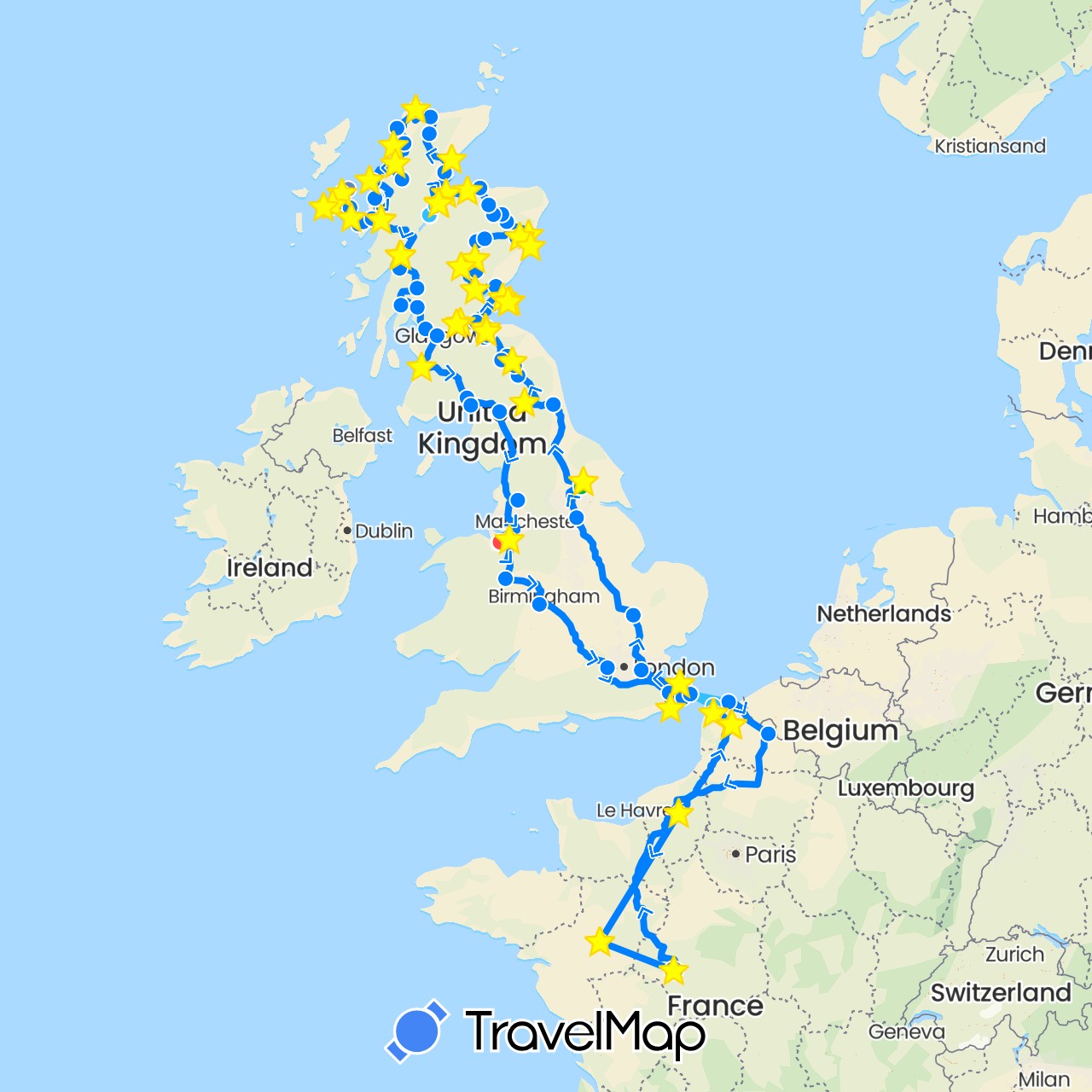 TravelMap itinerary: driving, bus, cycling, train, hiking, boat, camping car in France, United Kingdom (Europe)