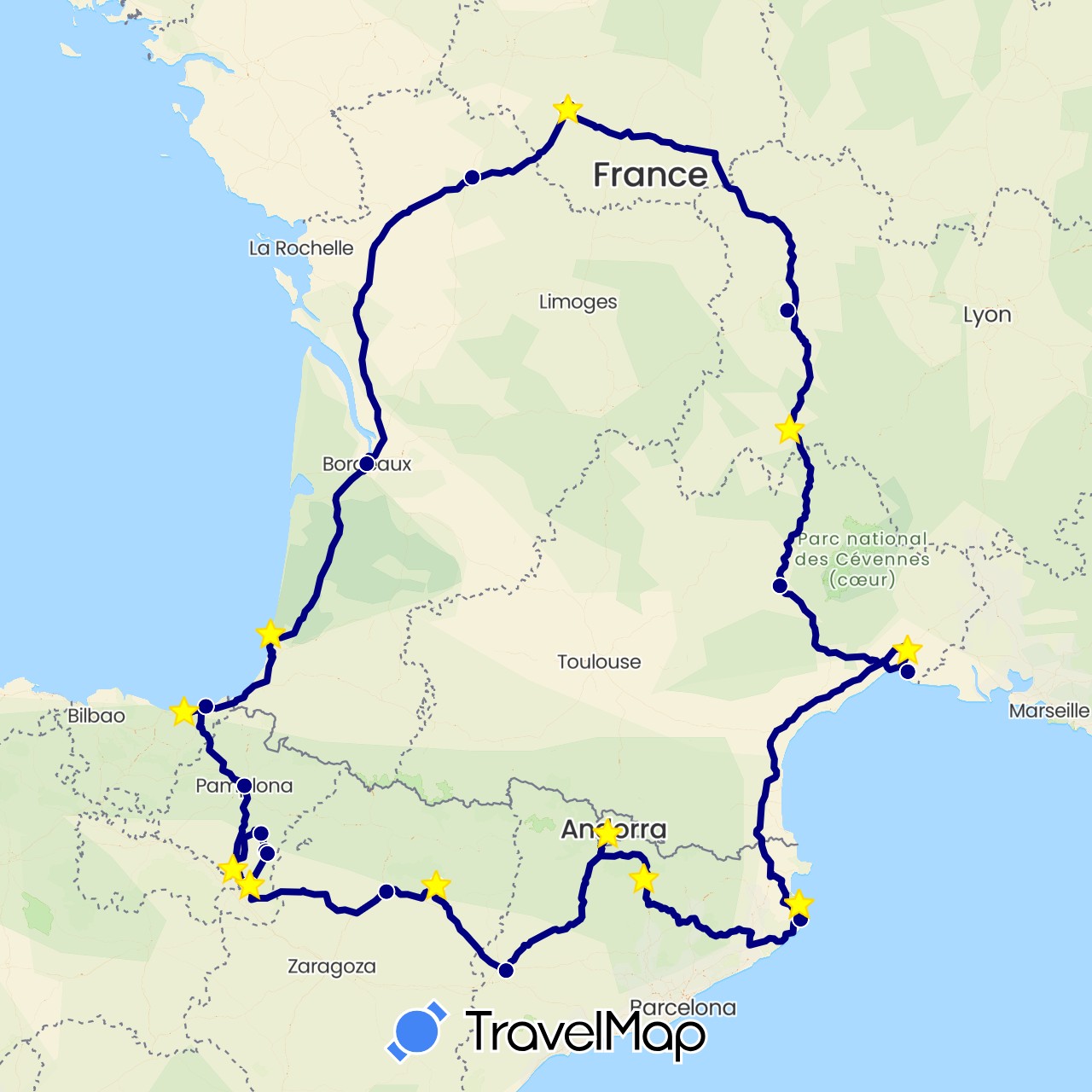 TravelMap itinerary: driving in Andorra, Spain, France (Europe)