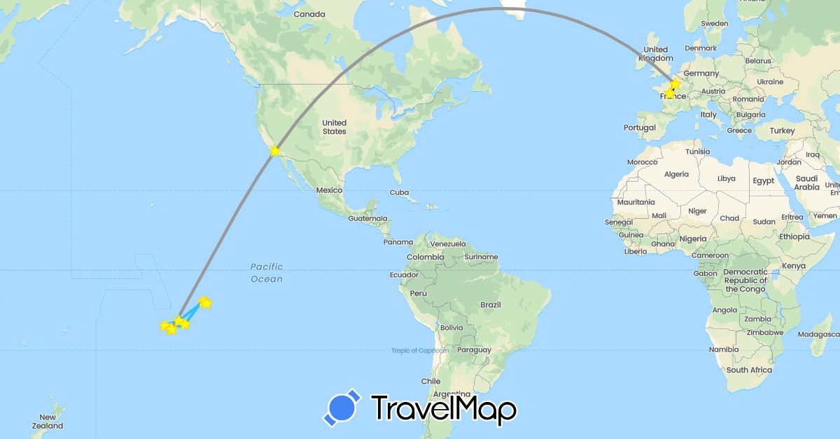 TravelMap itinerary: driving, bus, plane, hiking, boat in France, East Timor, United States (Asia, Europe, North America)