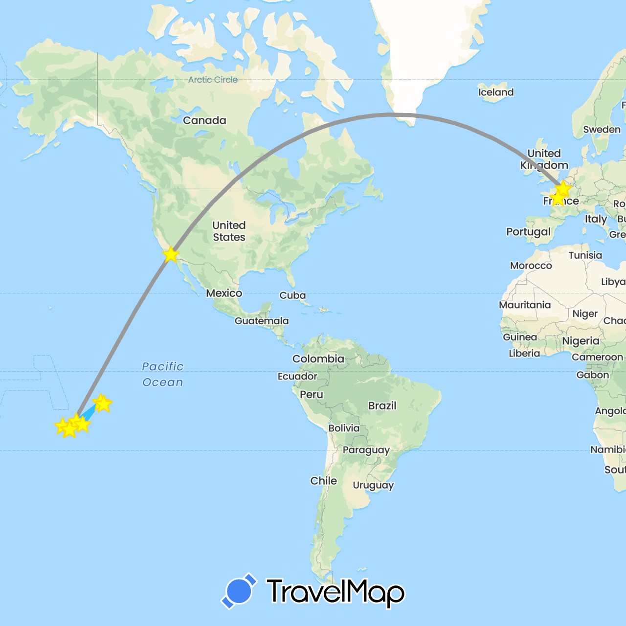 TravelMap itinerary: driving, bus, plane, hiking, boat in France, East Timor, United States (Asia, Europe, North America)