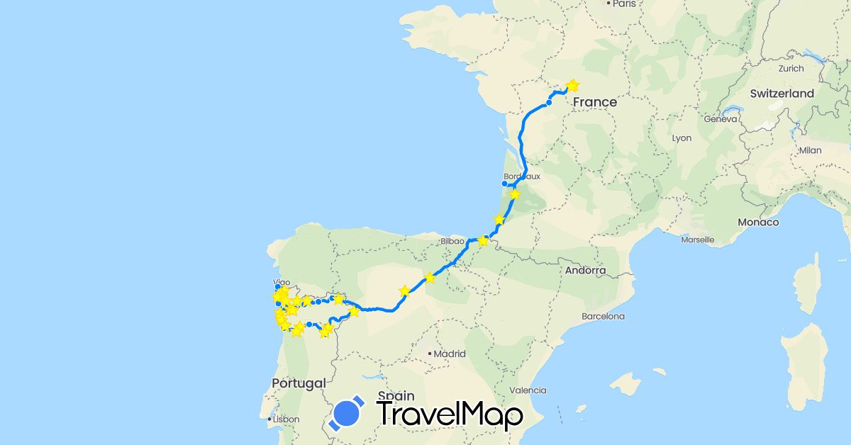 TravelMap itinerary: driving, bus, camping car in Spain, France, Portugal (Europe)