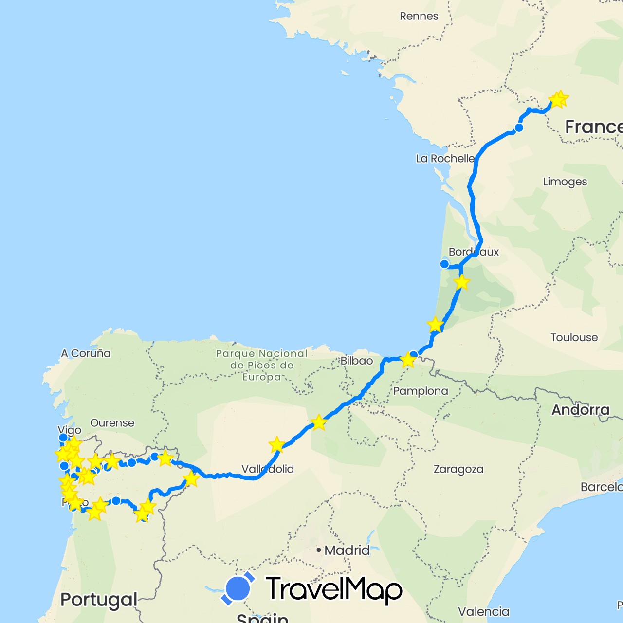 TravelMap itinerary: driving, bus, camping car in Spain, France, Portugal (Europe)