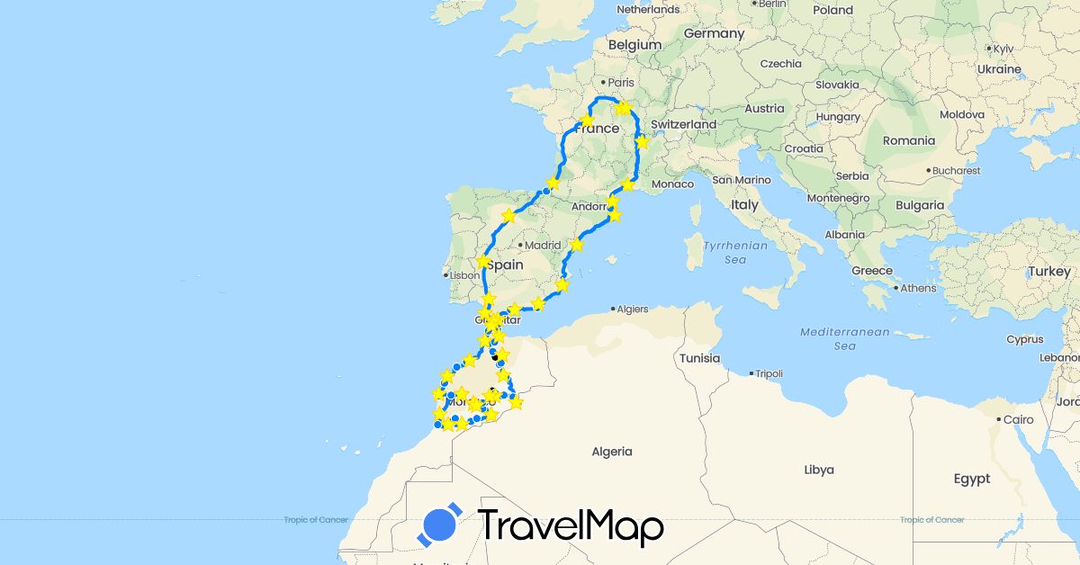 TravelMap itinerary: driving, bus, boat, camping car, bus in Spain, France, Gibraltar, Morocco (Africa, Europe)