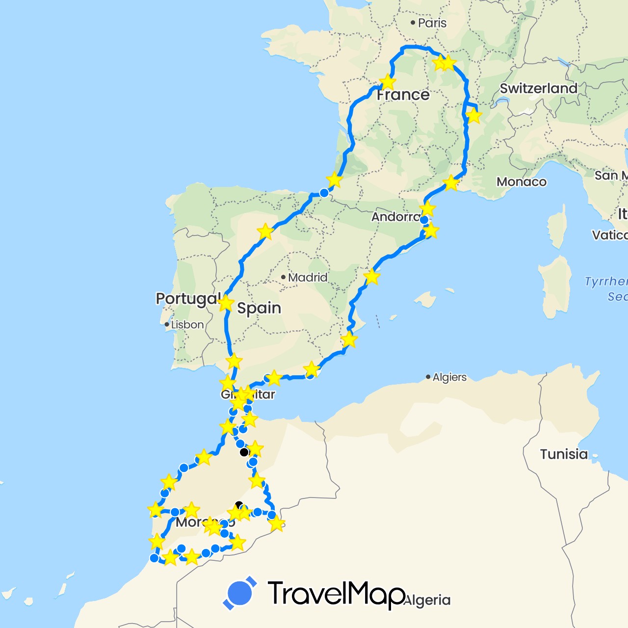 TravelMap itinerary: driving, bus, boat, camping car, bus in Spain, France, Gibraltar, Morocco (Africa, Europe)