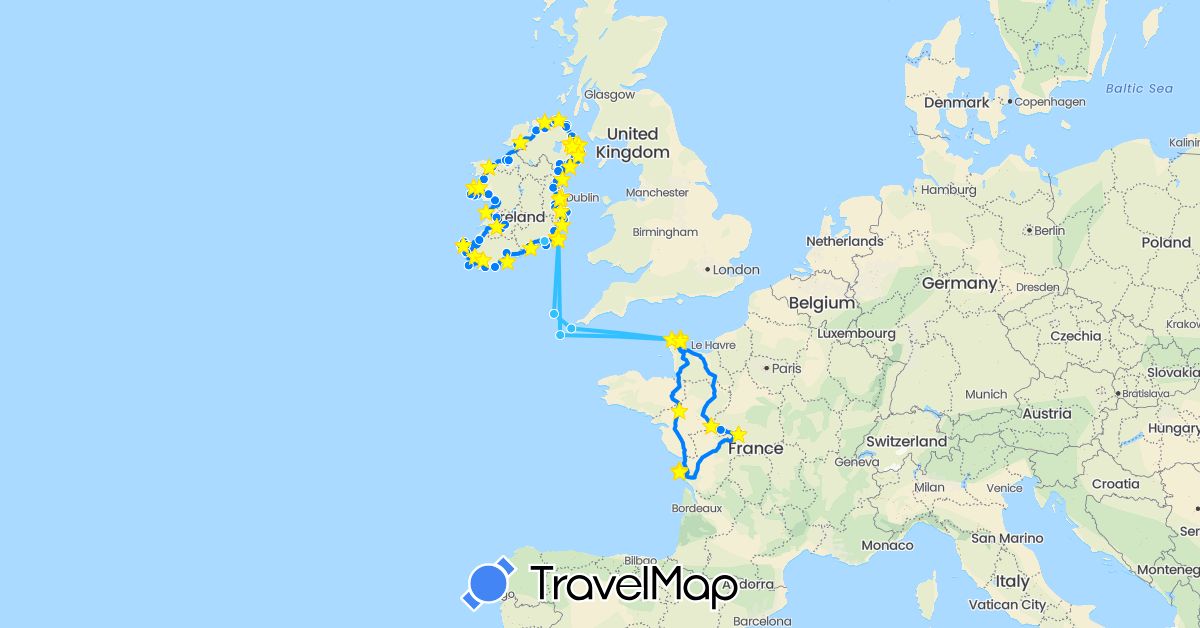 TravelMap itinerary: driving, bus, boat, camping car in France, United Kingdom, Ireland (Europe)