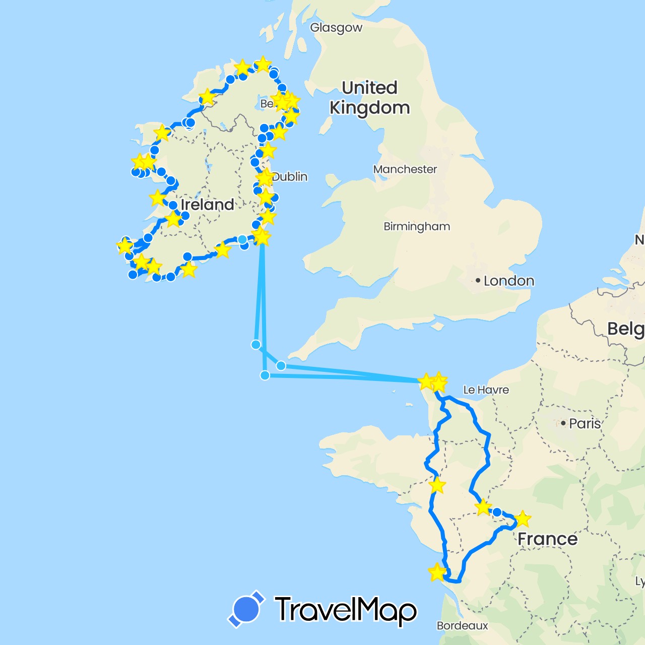 TravelMap itinerary: driving, bus, boat, camping car in France, United Kingdom, Ireland (Europe)